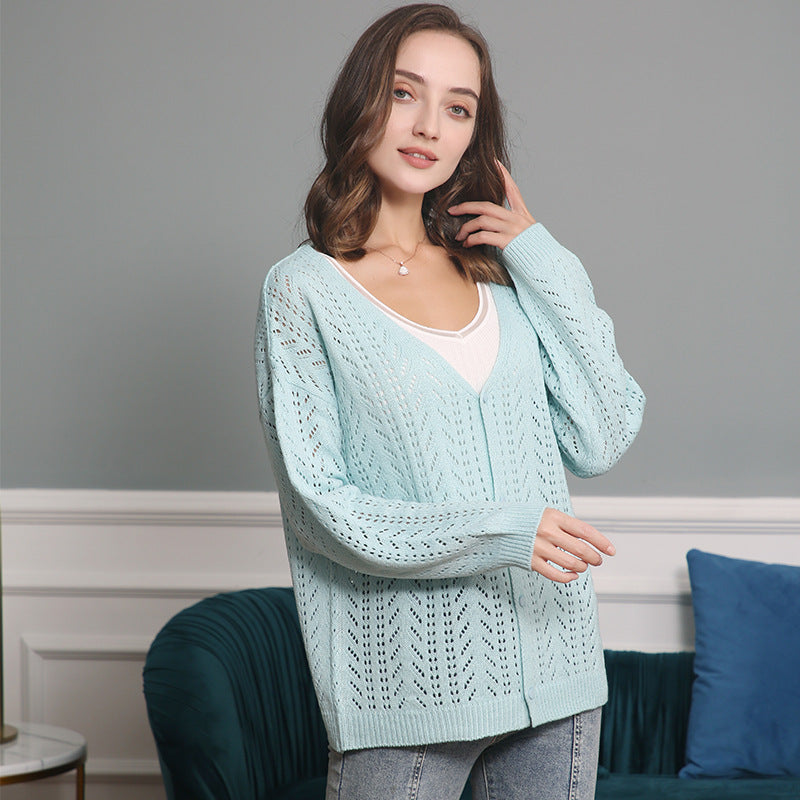 Damen Leichte Ajour-Strickjacke mit tiefem V-Ausschnitt und Knopfleiste Echo Archiv