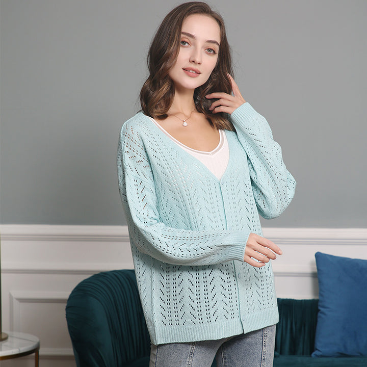 Damen Leichte Ajour-Strickjacke mit tiefem V-Ausschnitt und Knopfleiste Echo Archiv
