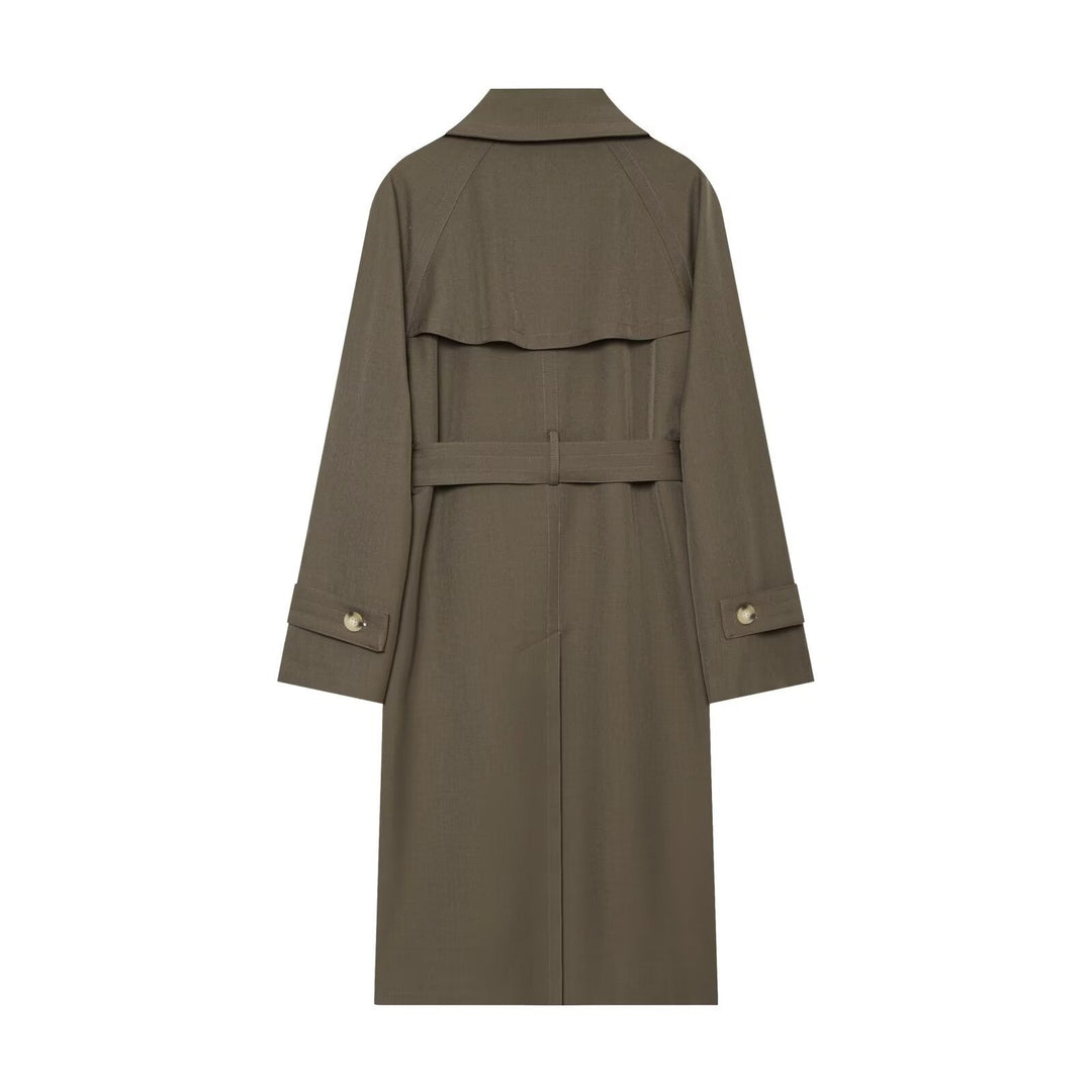 Damen Langer Doppelreihiger Trenchcoat mit Taillengürtel und Raglanärmeln Echo Archiv