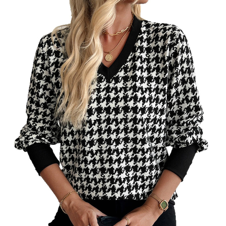 Damen nan V-Ausschnitt Strickpullover mit Hahnentrittmuster und gerippten Bündchen Echo Archiv