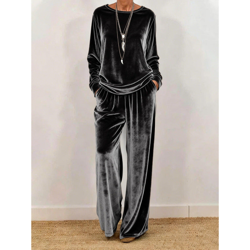 Damen Samt-Loungewear-Set mit weitem Bein, elastischem Bund und Rundhalsausschnitt – Élanora