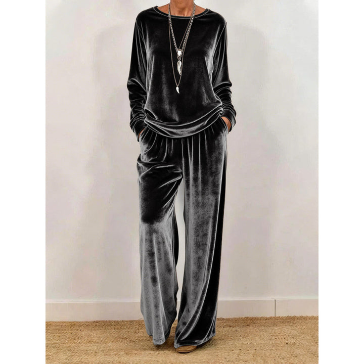 Damen Samt-Loungewear-Set mit weitem Bein, elastischem Bund und Rundhalsausschnitt – Élanora