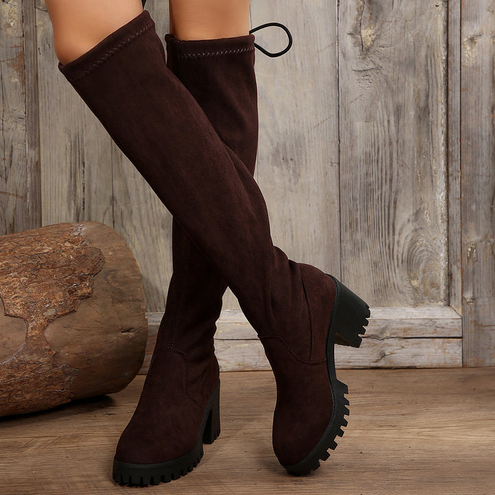 Damen Overknee-Stiefel mit Leopardmuster, Stretchschaft und klobiger Lug-Sohle Echoarchiv