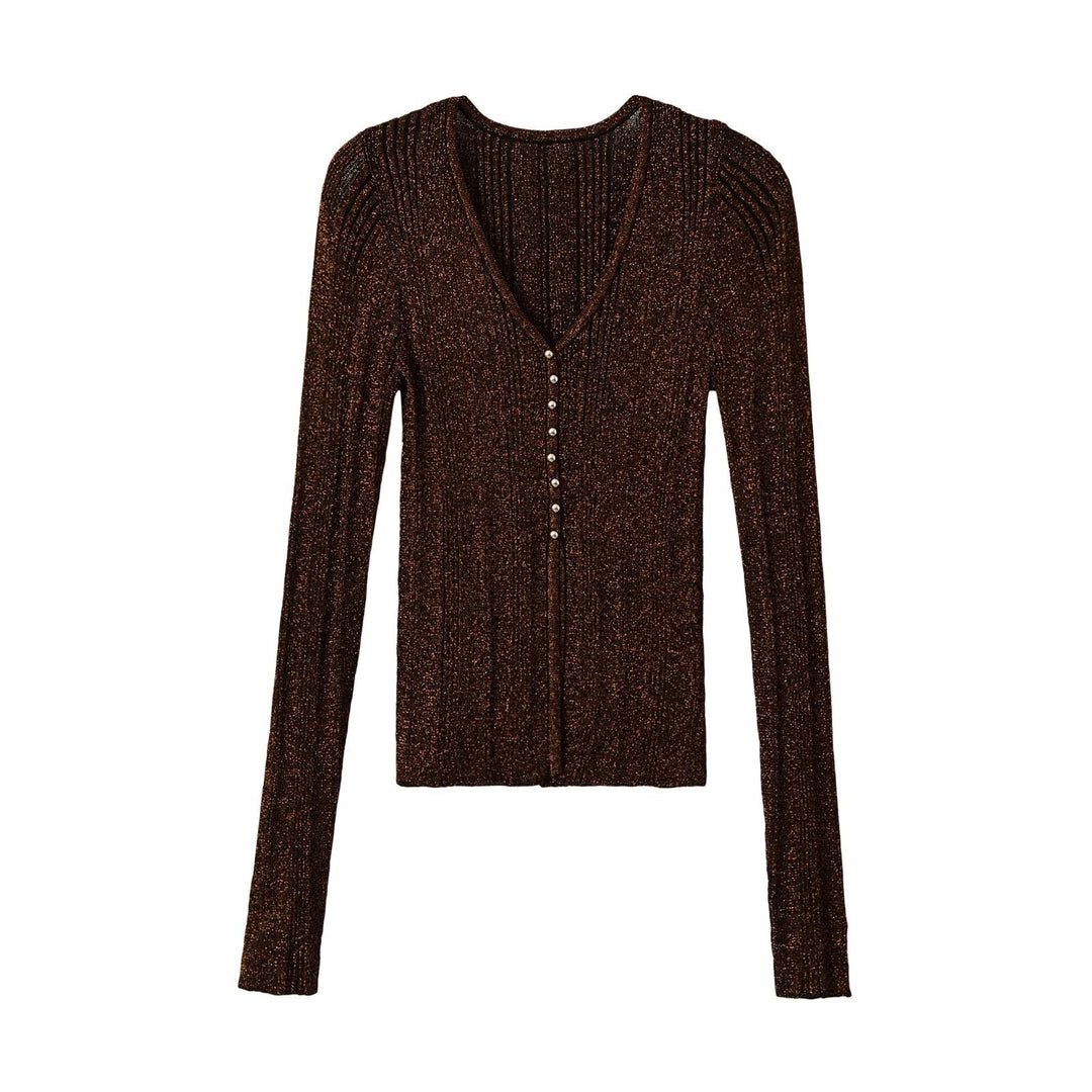 Damen Figurbetonter gerippter Feinstrick-Cardigan mit V‑Ausschnitt, Glanzfaden und Zierknopfleiste Echoarchiv