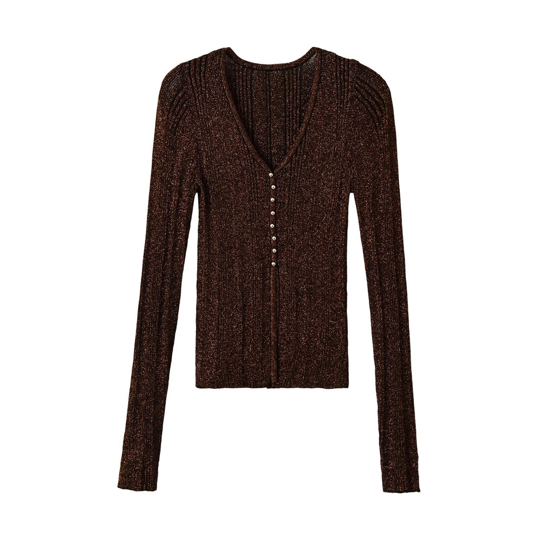 Damen Figurbetonter gerippter Feinstrick-Cardigan mit V‑Ausschnitt, Glanzfaden und Zierknopfleiste Echoarchiv
