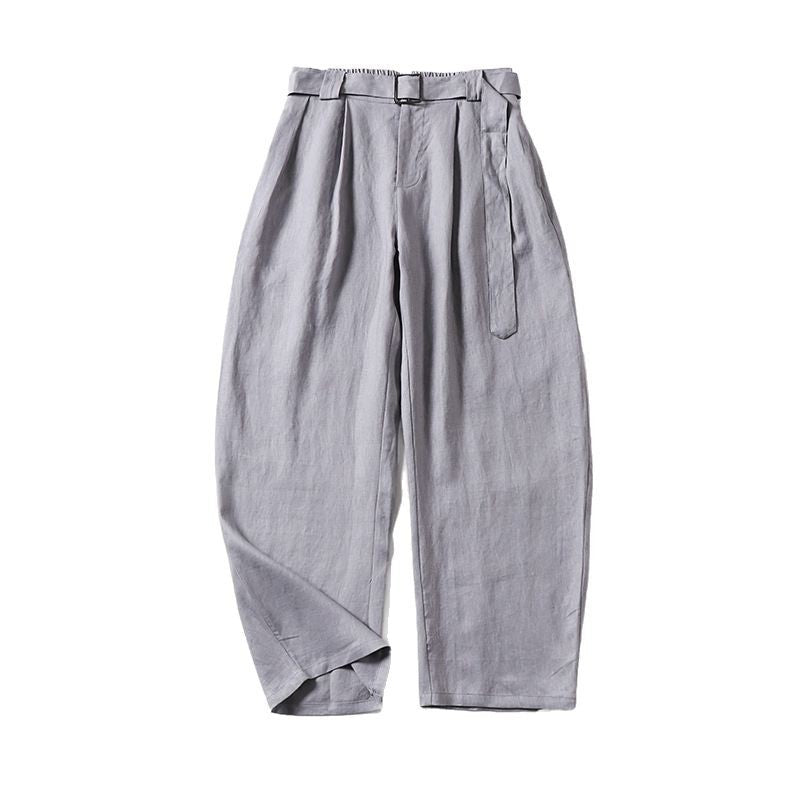Damen Hochtaillierte Leinen-Baumwoll Bundfaltenhose mit Bindegürtel und tapered Bein Echoarchiv