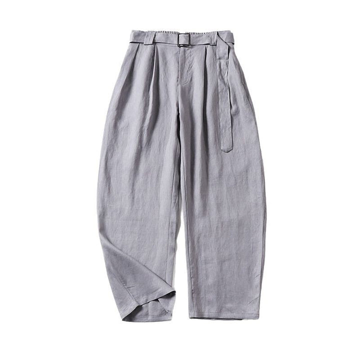 Damen Hochtaillierte Leinen-Baumwoll Bundfaltenhose mit Bindegürtel und tapered Bein Echoarchiv