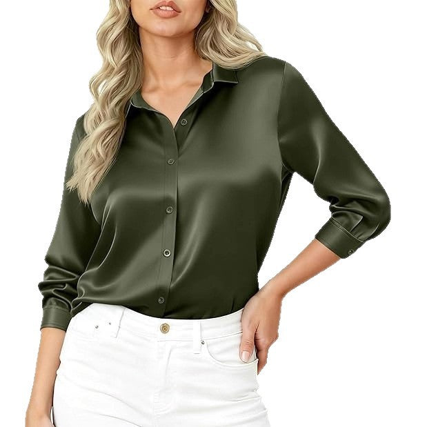 Damen Seidiges Satin-Blusenshirt mit Hemdkragen und dreiviertel Ärmeln – Élovi