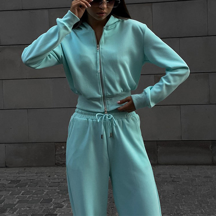 Damen Zweiteiliges Loungewear-Set mit kurzem Zip-Bomber und weiter High-Waist-Palazzohose – Élanora