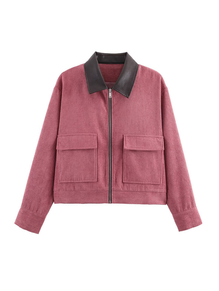Damen Cropped-Kord-Strickjacke mit markanter Rippenstruktur, Kunstleder-Umlegekragen und Pattentaschen Echoarchiv