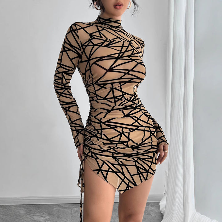Damen nan figurbetontes transparentes Langarm Minikleid mit Rollkragen und seitlicher Raffung Echo Archiv