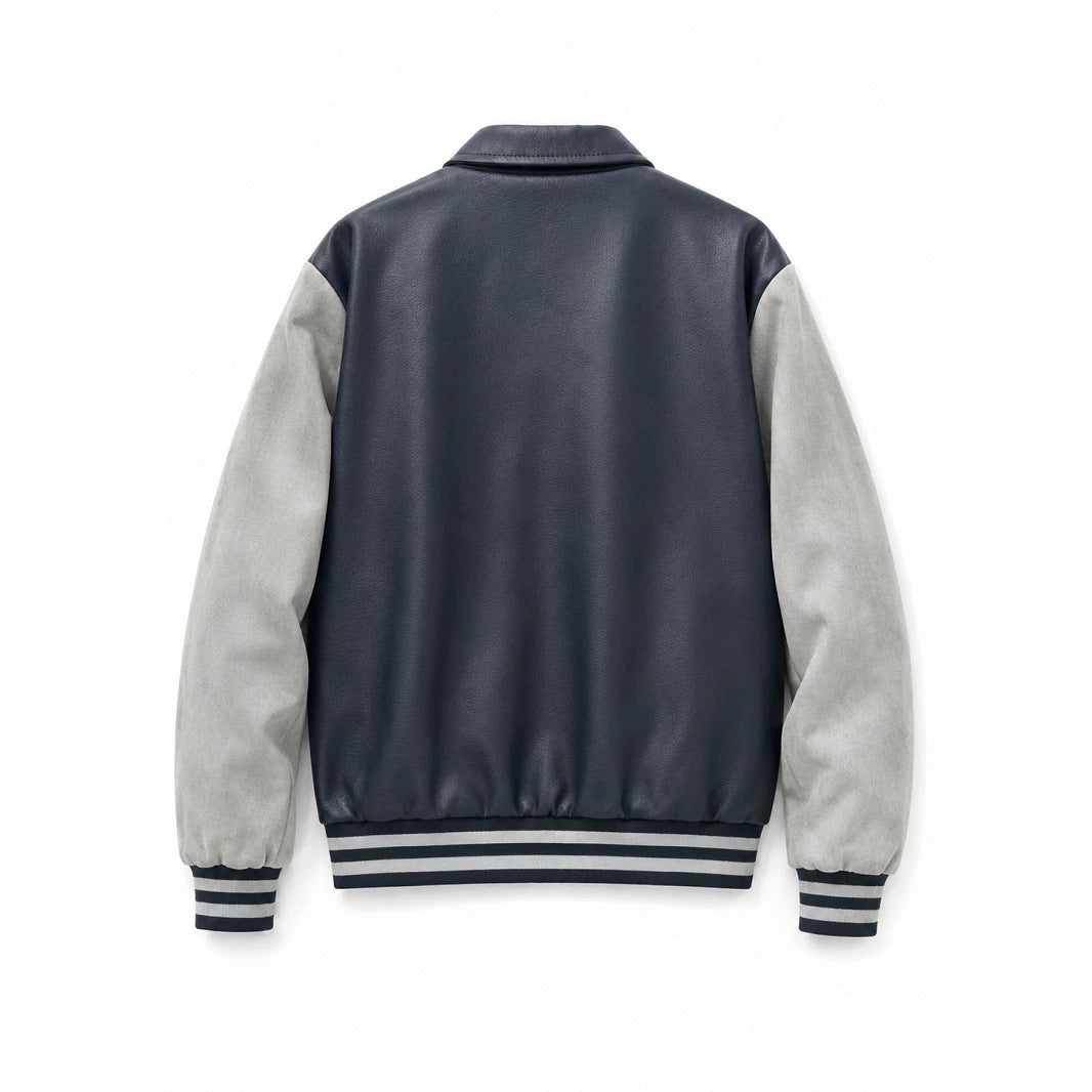 Herren Varsity-Bomberjacke im College-Stil mit Kunstleder-Körper, Veloursleder-Optikärmeln und bestickten Patches Echo Archiv