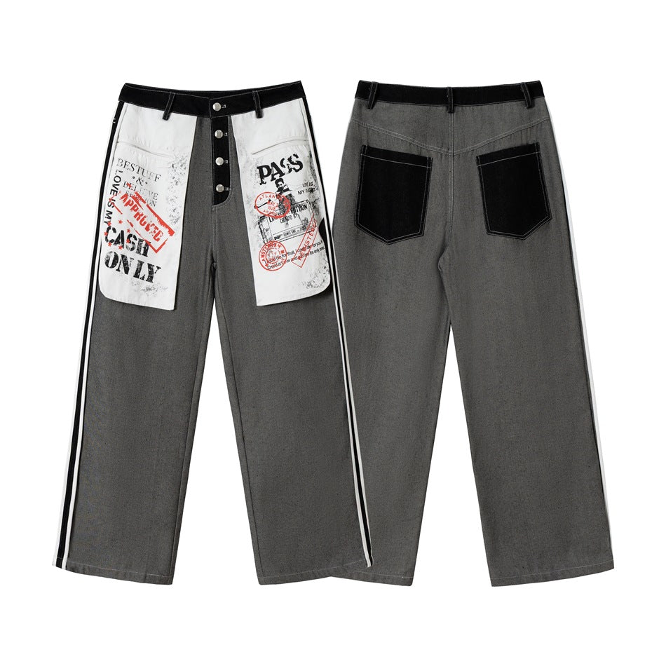 Damen Wide-Leg Cargo-Jeans mit aufgesetzten Grafik-Patches und Kontraststreifen Echoarchiv