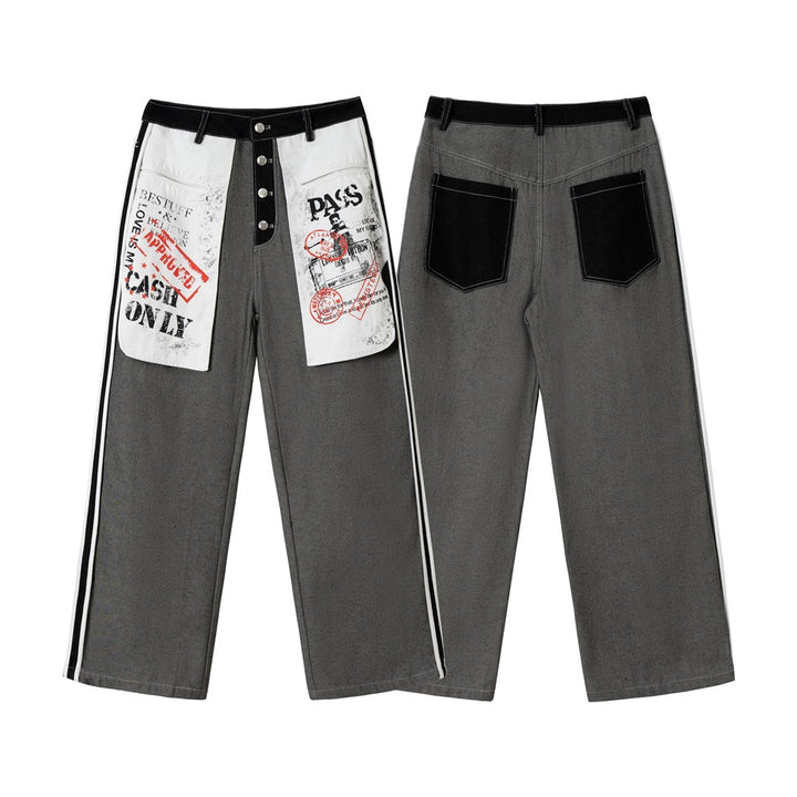 Damen Wide-Leg Cargo-Jeans mit aufgesetzten Grafik-Patches und Kontraststreifen Echoarchiv