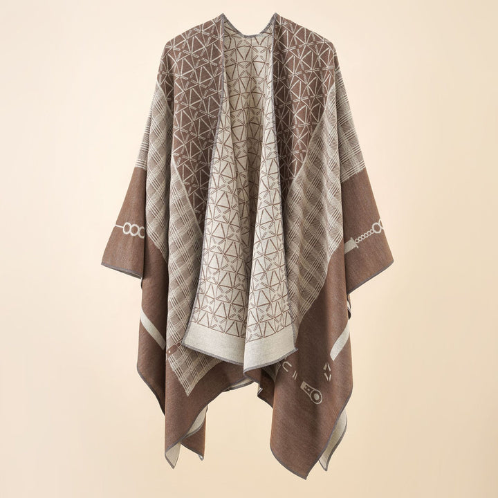 Damen Geometrisches Jacquard-Ruana-Cape aus Wollmix mit offener Kimono-Silhouette – Montévia