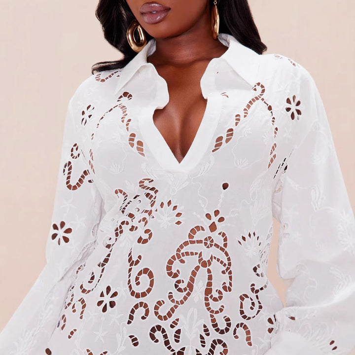 Damen Elegantes Hemdblusenkleid mit raffinierter Lochstickerei und langem Ärmel Echo Archiv