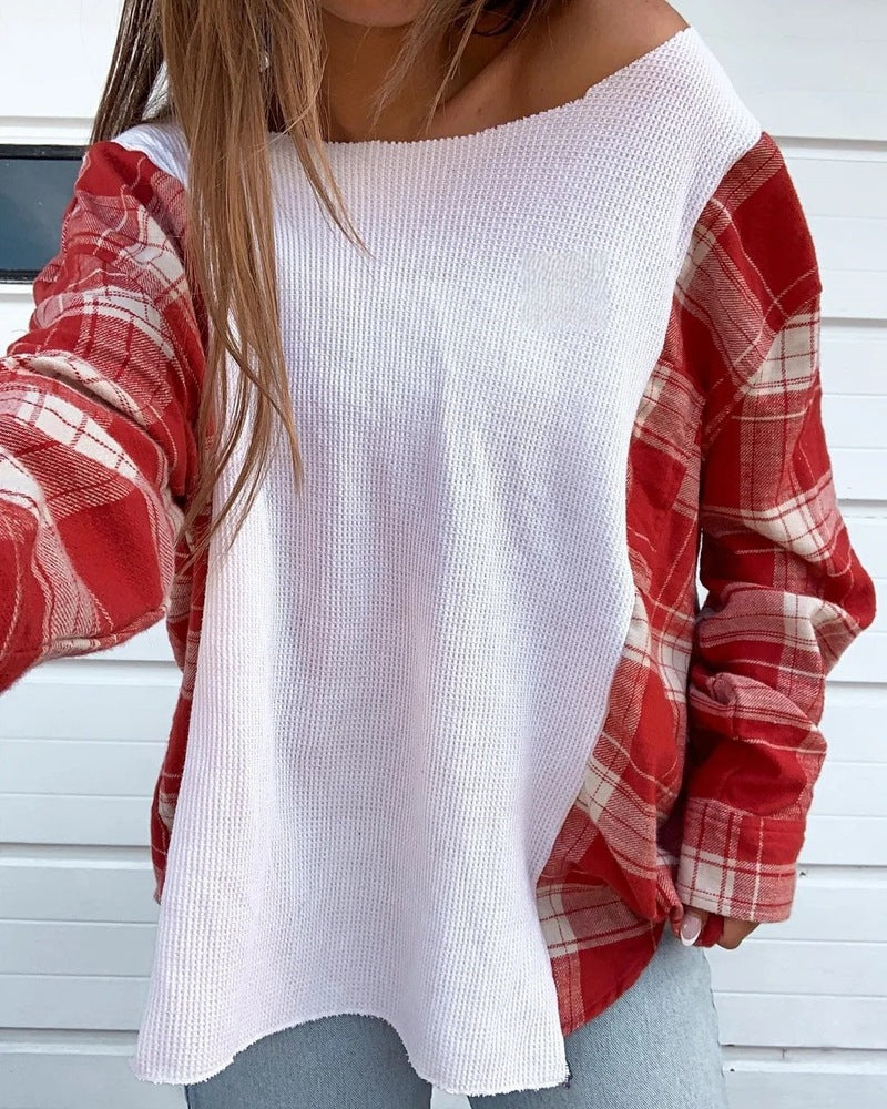 Damen nan Oversize Langarmshirt im Materialmix mit strukturierter Waffelstrick-Front und karierter Ärmelpartie Echo Archiv