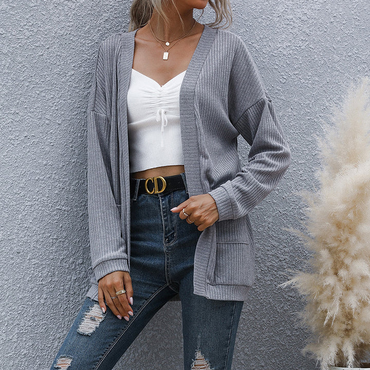 Damen lässiger gerippter Strickcardigan mit Taschen und offenem Schnitt Echoarchiv