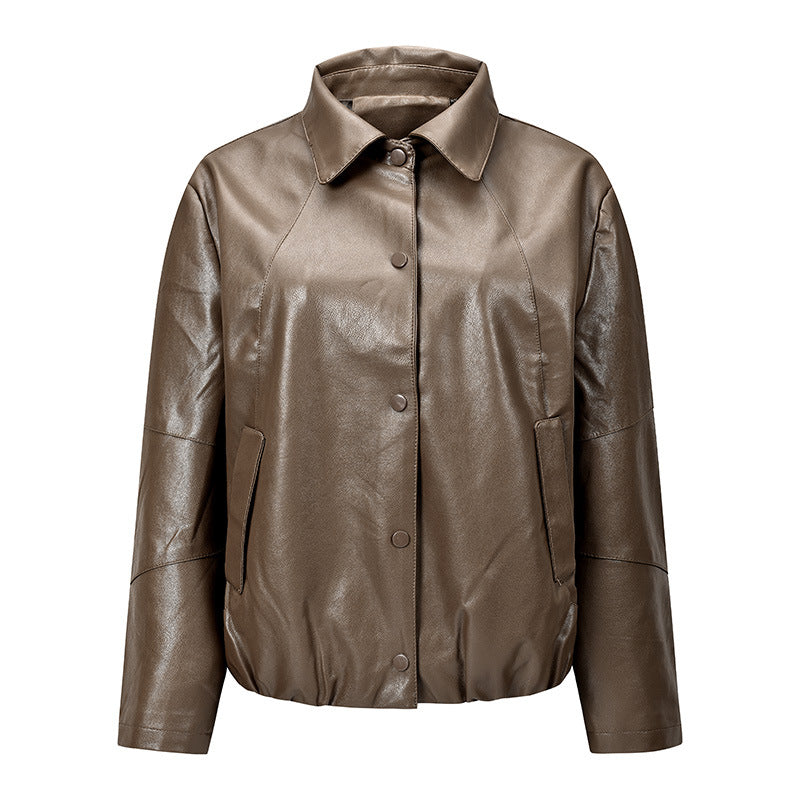 Damen Kurz geschnittene Kunstleder‑Blousonjacke mit Druckknopffront, Hemdkragen & elastischem Saum Echoarchiv