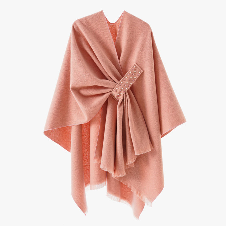 Damen Eleganter Wickel-Umhang aus Wollmischung mit Taillenschärpe und Fransensaum – Avérine