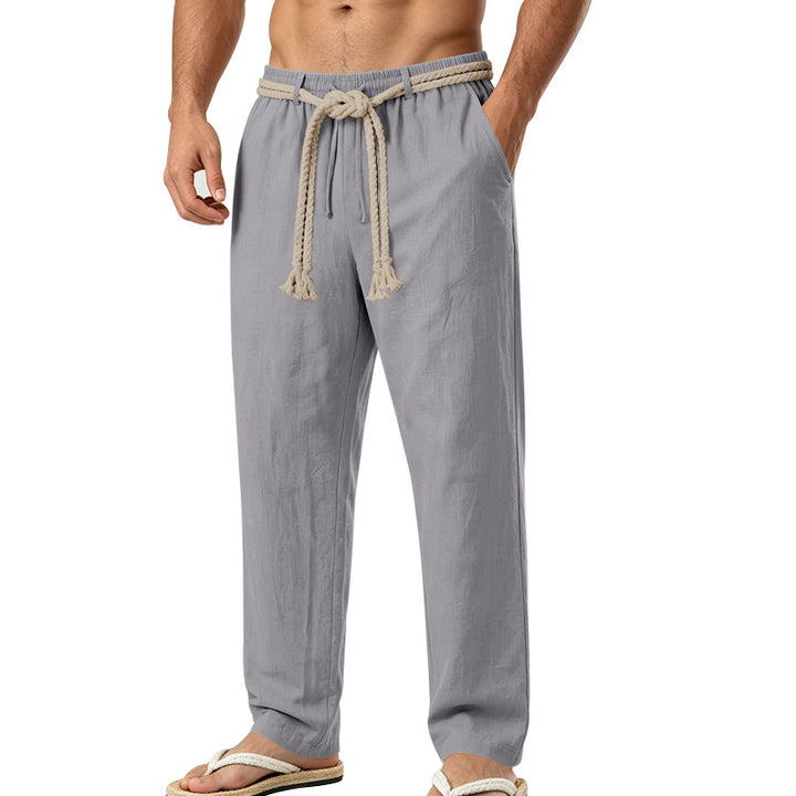 Herren lässige Leinen-Loungehose mit elastischem Bund, dekorativem Seilgürtel und Seitentaschen Echoarchiv