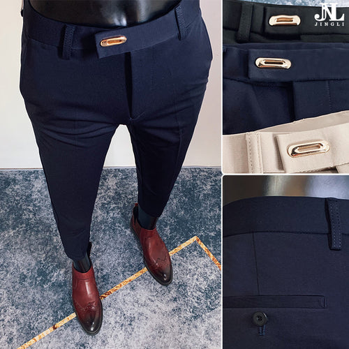 Herren nan taillierte Slimfit Anzughose mit elastischem Bund, verdecktem Reißverschluss und modischem Gürteldetail Echo Archiv