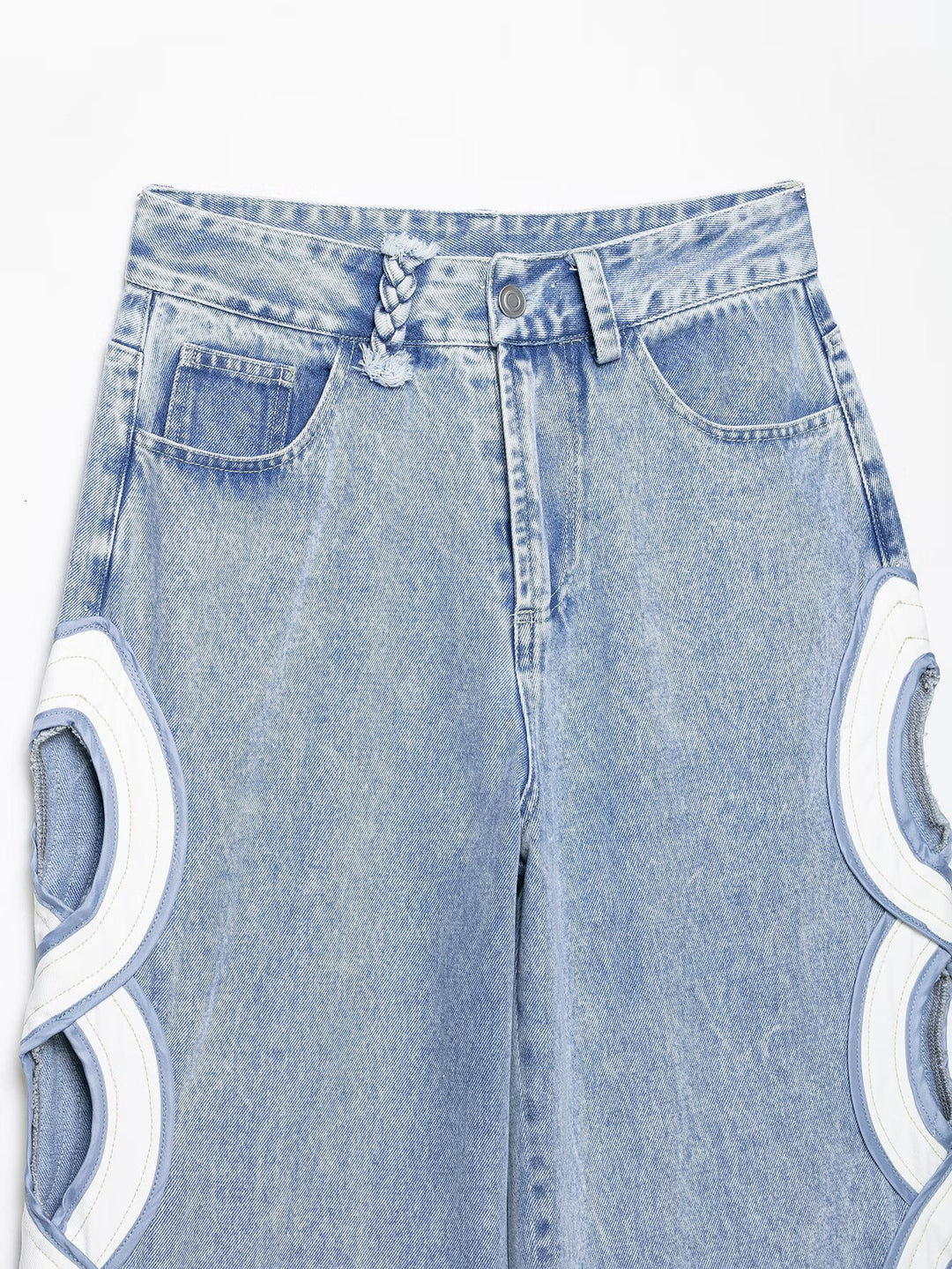 Damen High-Waist-Jeans mit ausgestellter Weitbein-Silhouette und seitlichen Kreis-Applikationen Echo Archiv