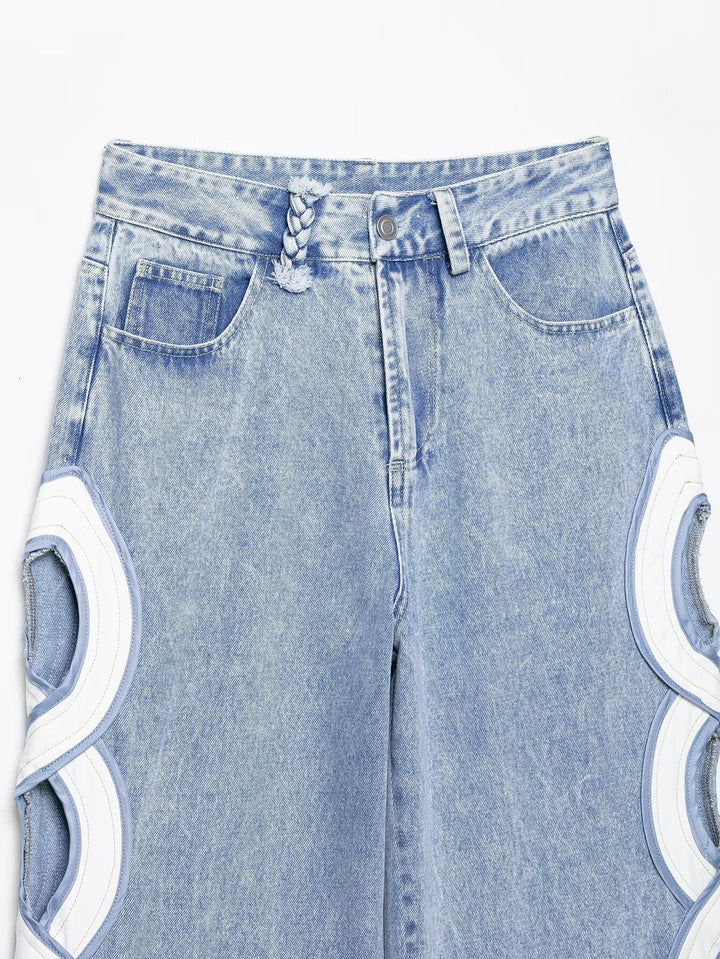 Damen High-Waist-Jeans mit ausgestellter Weitbein-Silhouette und seitlichen Kreis-Applikationen Echo Archiv
