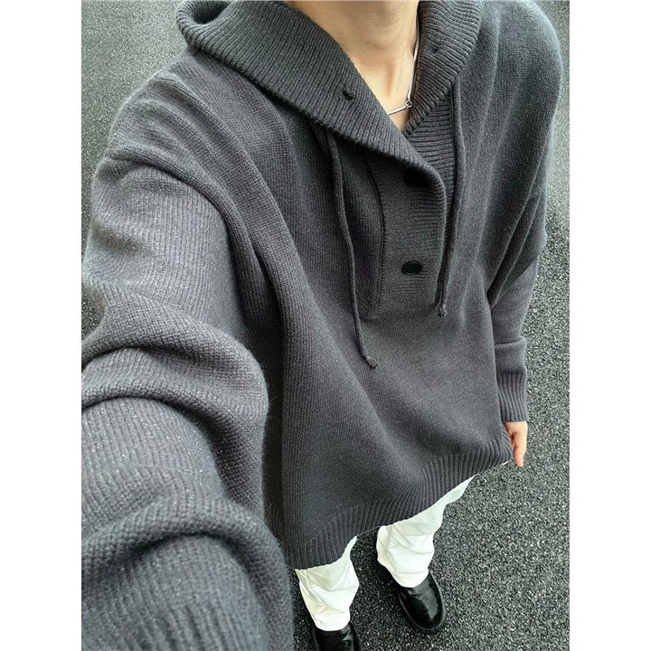 Herren lässiger Kapuzenpullover mit Knopfleiste und dickerer Strickstruktur Echoarchiv