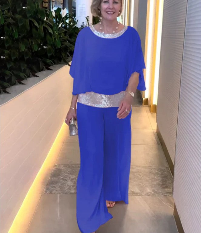 Damen Elegantes Zweiteiliges Abendensemble mit Chiffon-Cape, Paillettenbesatz und Palazzo-Hose Echoarchiv