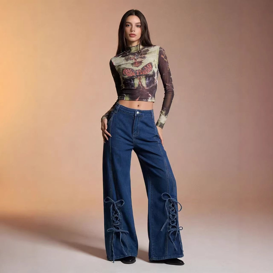 Damen Schlagjeans mit trendigem Schnürdetail und weitem Bein Echo Archiv