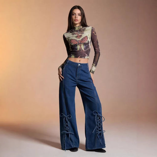 Damen Schlagjeans mit trendigem Schnürdetail und weitem Bein Echo Archiv
