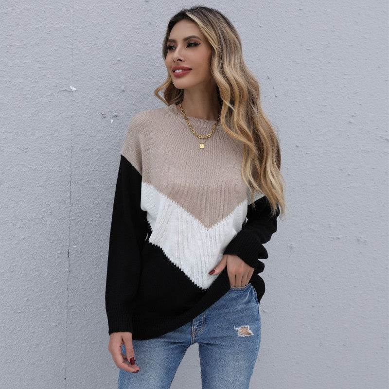 Damen Oversize-Feinstrickpullover mit Chevron-Colorblock und Rundhalsausschnitt Echoarchiv
