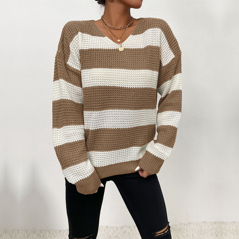 Damen Gestreifter Strickpullover mit V‑Ausschnitt und lässiger Oversize‑Passform Echoarchiv