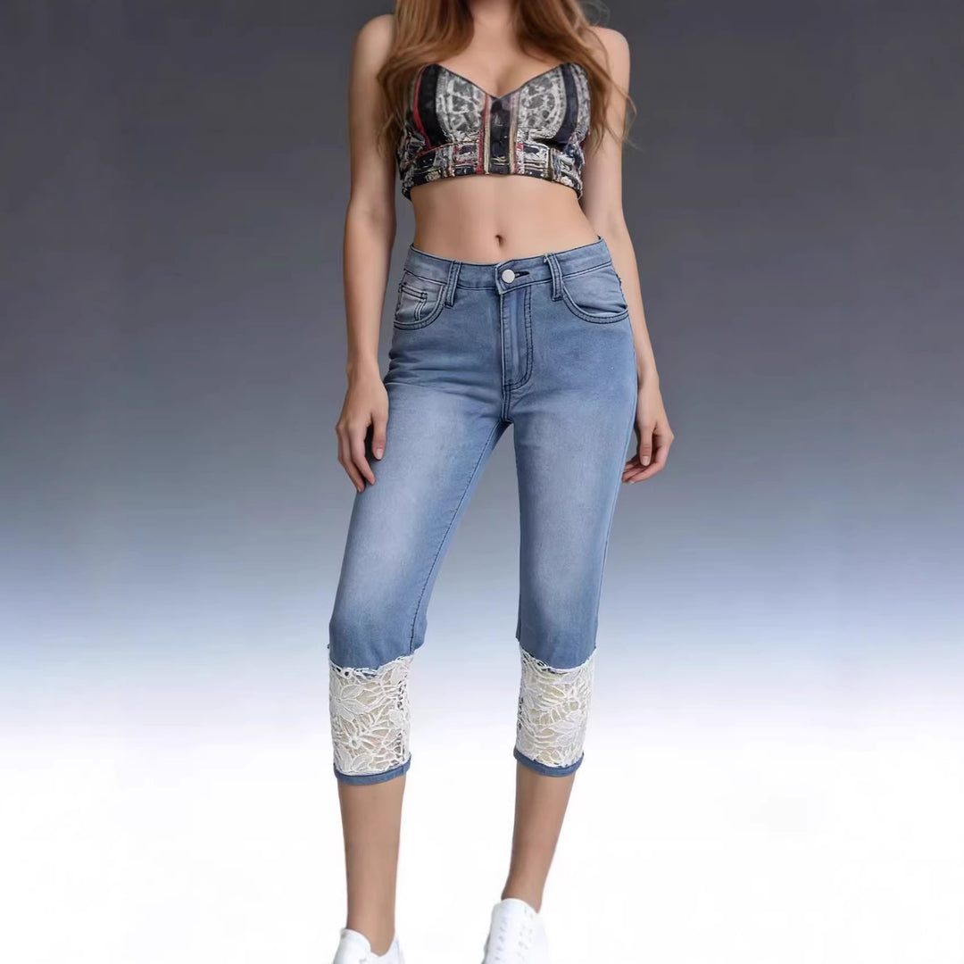 Damen Jeans mit romantischem Spitzeneinsatz und hohem Bund Echo Archiv