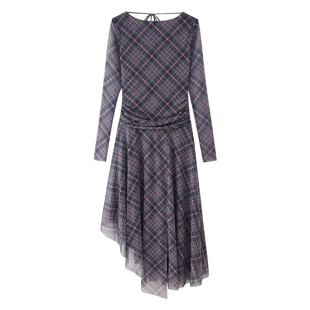 Damen nan asymmetrisches Midikleid mit Karomuster, geraffter Taille und schwingendem Stufenrock Echo Archiv