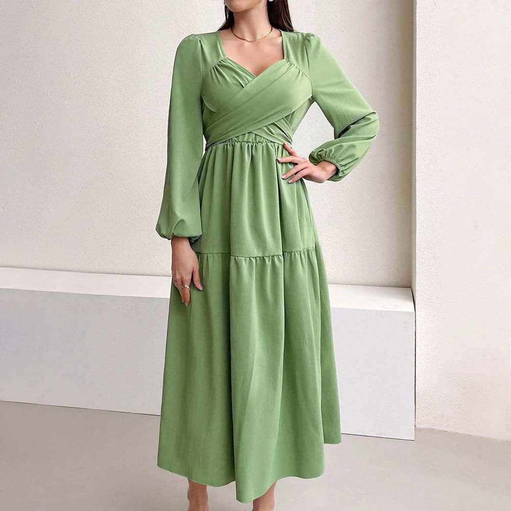 Damen langärmeliges Midikleid mit überkreuztem Drapé-Bustier, elastischer Unterbrustnaht und zweistufigem Stufenrock – Élara
