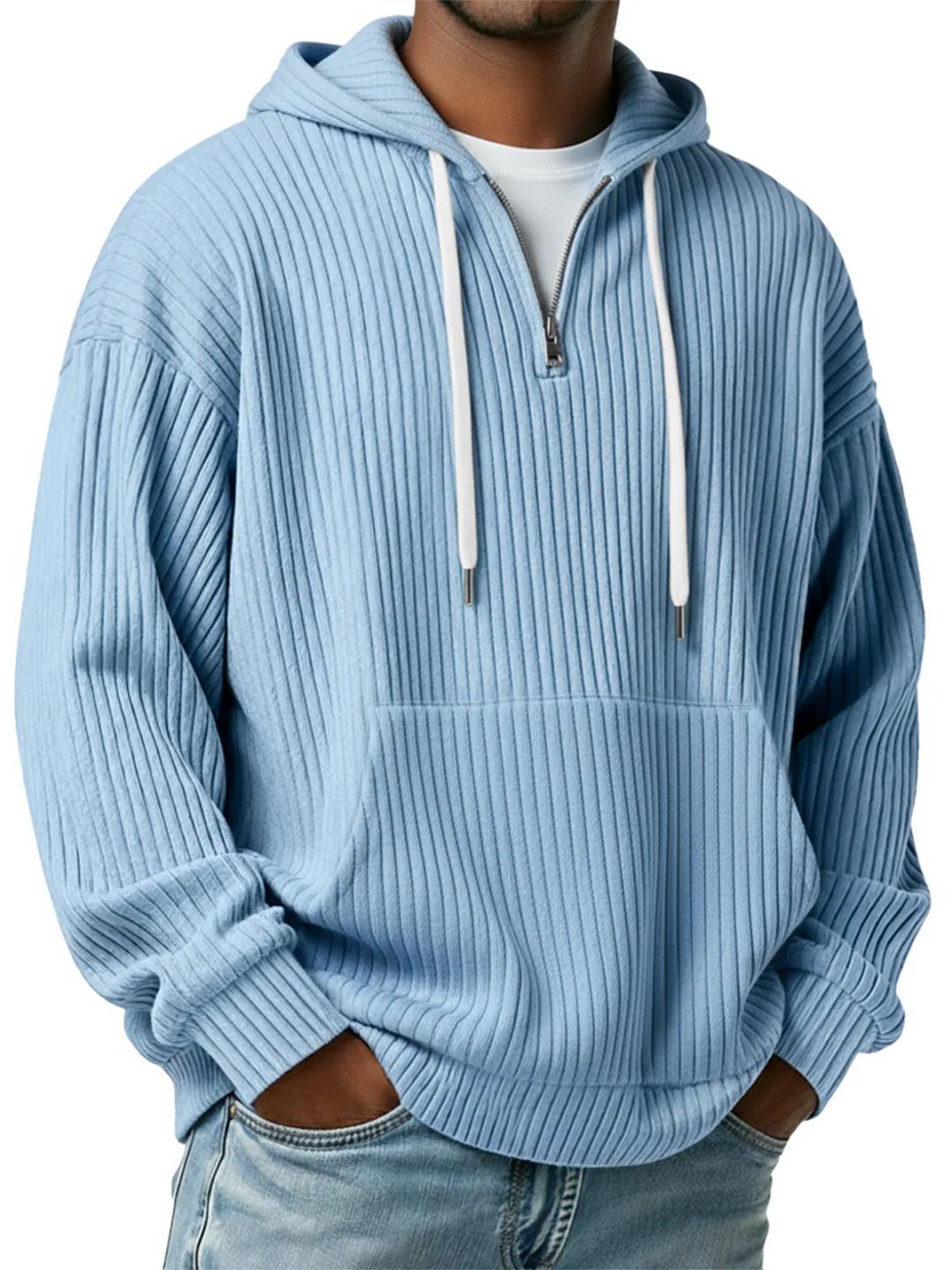 Herren gerippter Halfzip-Hoodie mit Kapuze, Kängurutasche und oversized Casual-Schnitt – Cavarno