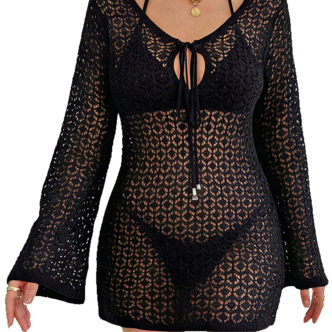 Damen Häkel-Strandkleid mit tiefem V-Ausschnitt und breiten Ärmeln Echo Archiv