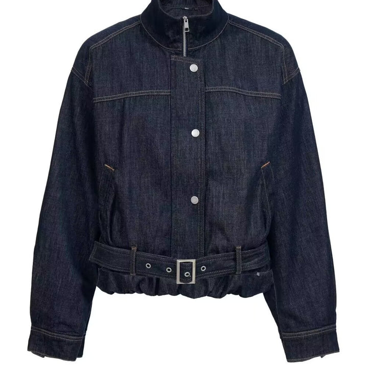 Damen Cropped Jeansjacke mit Stehkragen, Taillengürtel und elastischem Saum Echo Archiv