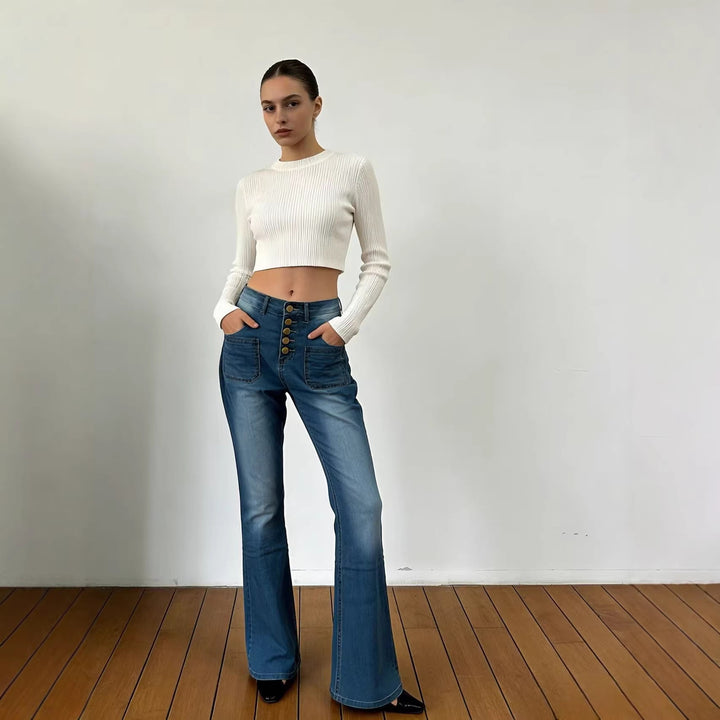 Damen Flared Jeans mit Knopfdetail und hohem Bund Echo Archiv