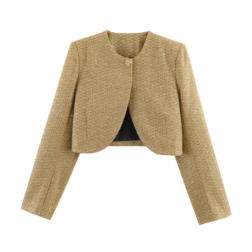 Damen Kurzgeschnittene Bouclé-Cropped-Jacke mit Rundhalsausschnitt und Ein-Knopf-Verschluss Echoarchiv