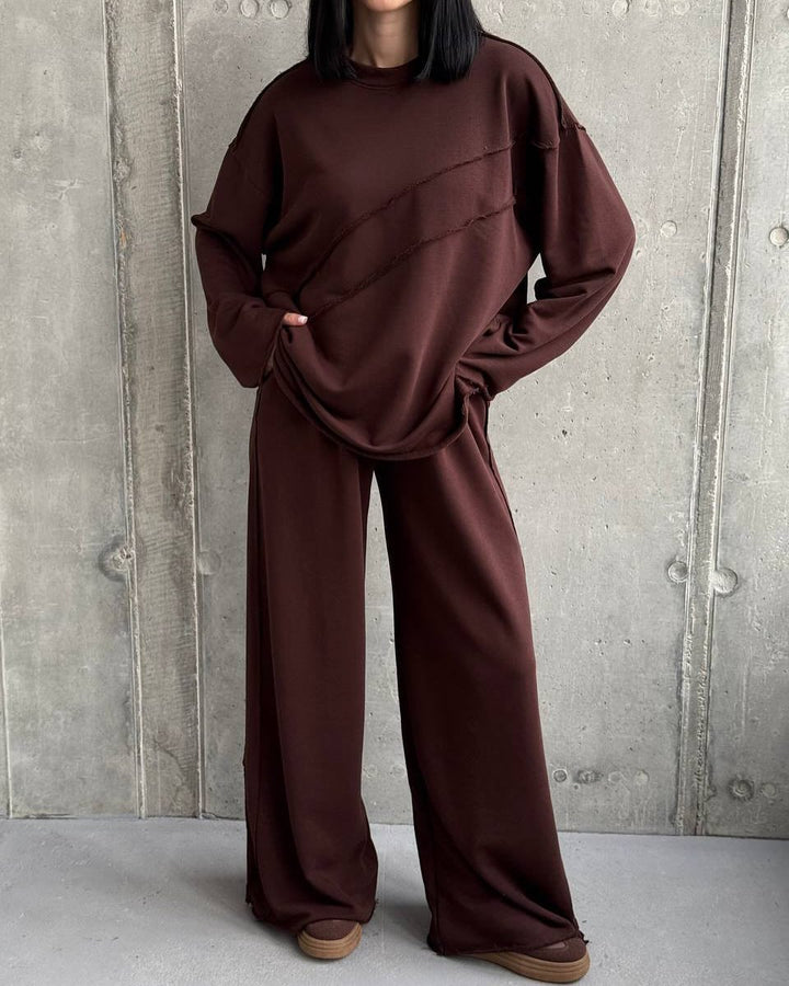 Damen weiches Oversize Lounge-Set mit diagonalem Ziernähten und extra weiter Palazzo-Hose – Élanora