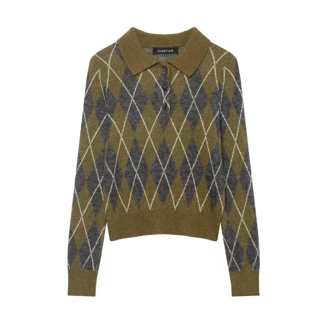 Damen Argyle-Polo-Strickpullover mit Cropped-Schnitt, Rippbündchen und Knopfleiste – Mavelle