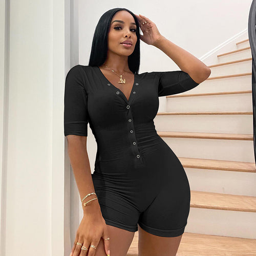 Damen Figurbetonter Jumpsuit mit kurzem Arm und modischem Ausschnitt Echo Archiv