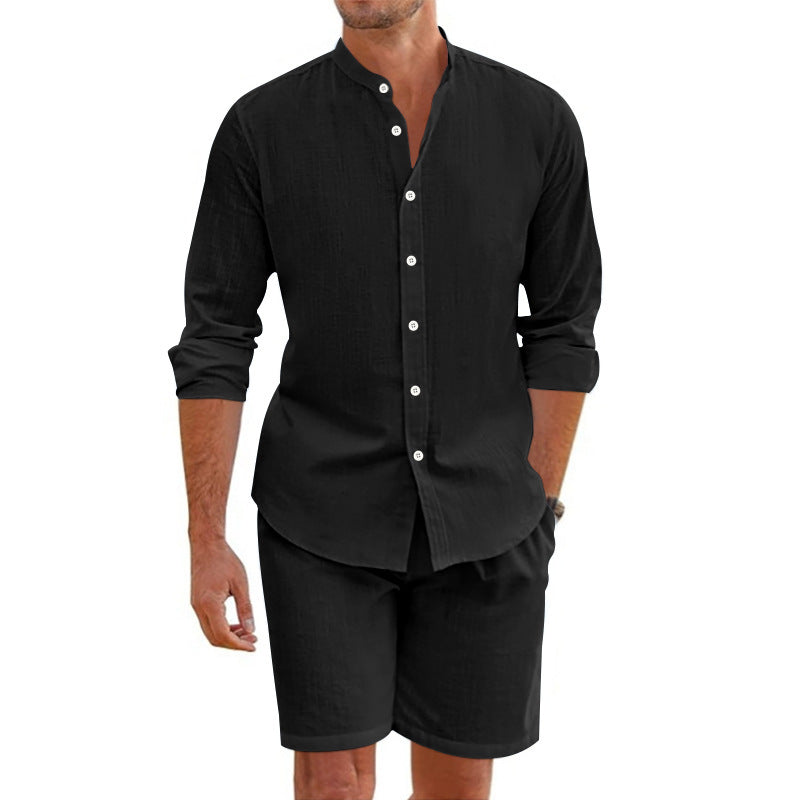 Herren lässiges Outfit-Set mit modernem Henley-Hemd und Shorts Echoarchiv