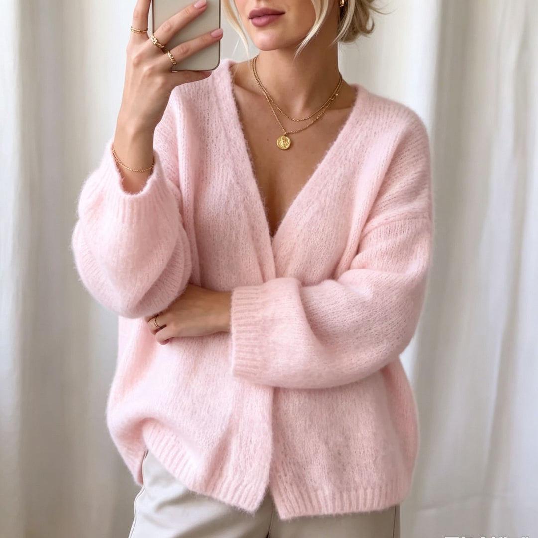 Damen Offener Fluffy-Feinstrick-Cardigan mit tiefem V‑Ausschnitt und legerer Oversize‑Silhouette – Veloura