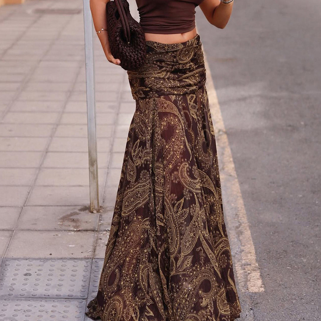 Damen Langer Chiffon-Rock mit gerafftem Bund, Paisley-Print und Zipfelsaum – Valéora