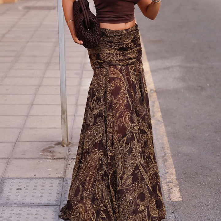 Damen Langer Chiffon-Rock mit gerafftem Bund, Paisley-Print und Zipfelsaum – Valéora