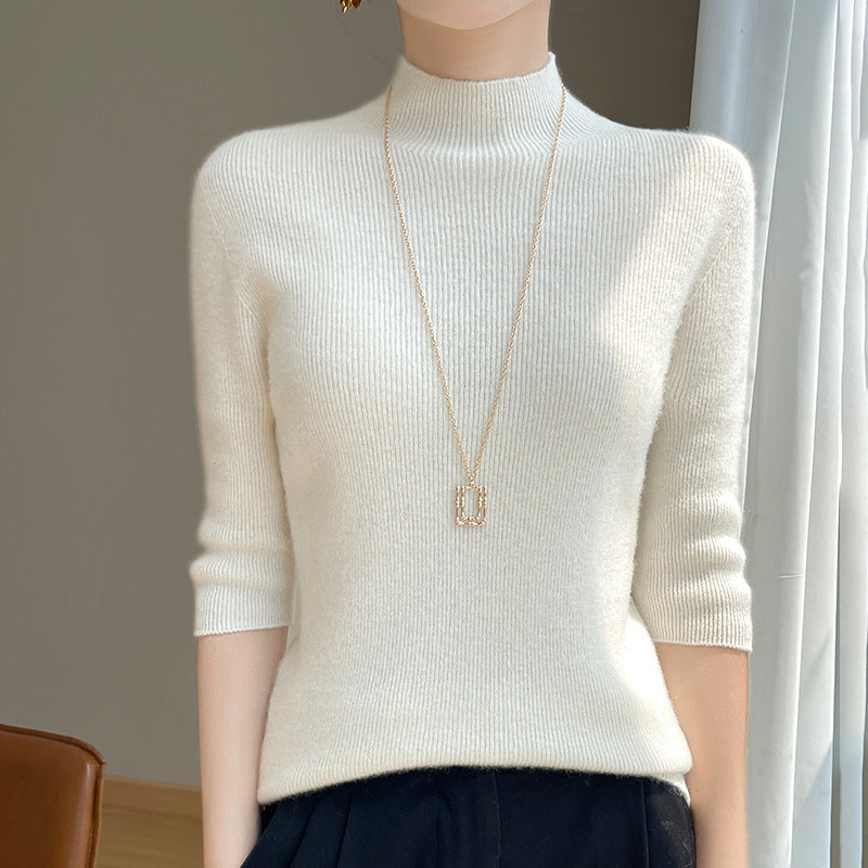 Damen Kurzarm-Mockneck-Pullover mit flauschiger Angora‑Optik Echoarchiv